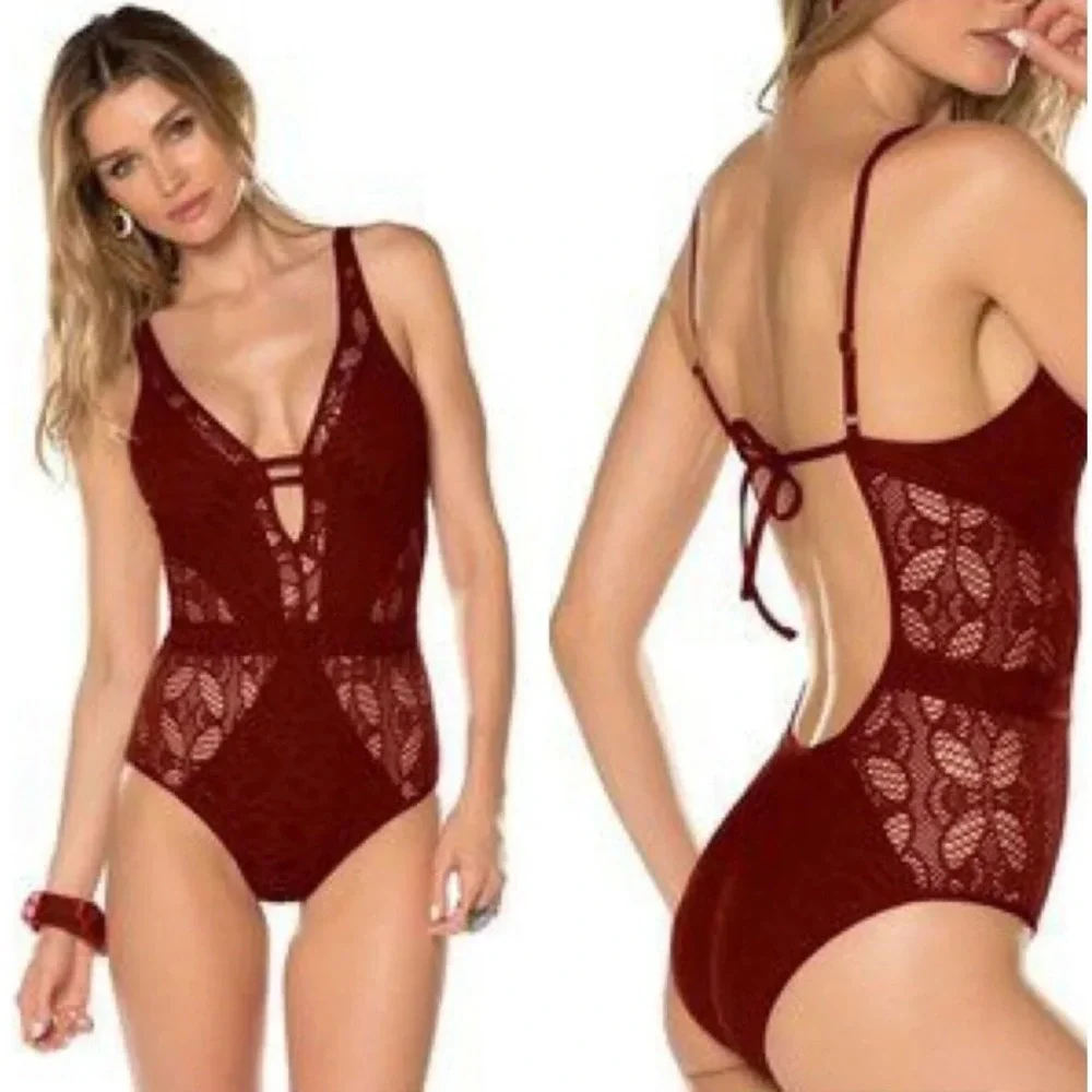 BECCA by Rebecca Virtue Crochet Plunge Neck One Piece Keyhole Swimsuit Maroon S